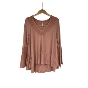Free People Women’s Top Parisian Nights Eyelet Trim Bell Sleeves Ribbed Small